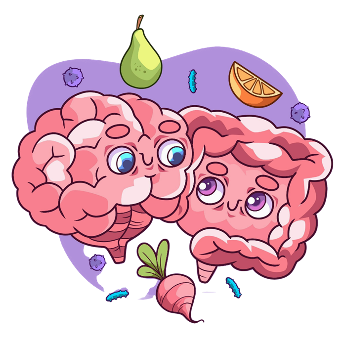 cartoon pink brain with eyes and a carrot and a pear