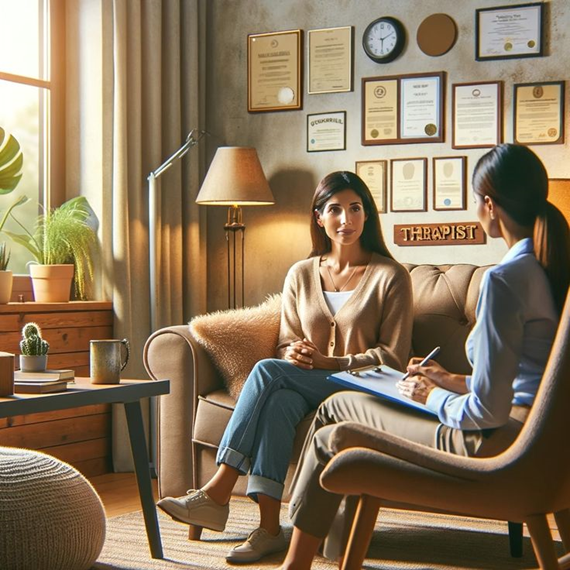 a woman sitting in a chair talking to a woman