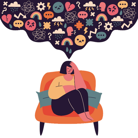 a woman sitting in a chair with many icons above her head